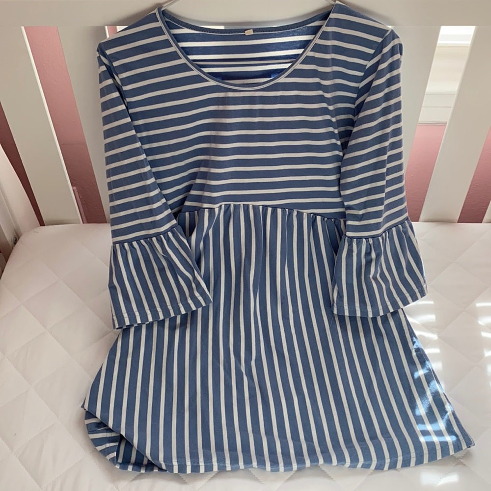 Blue Striped 3/4 Ruffle Sleeve Maternity Top